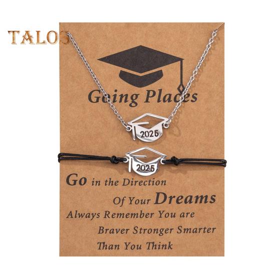 

Комплект ювелирных изделий на выпускной 2025 года, ожерелье из нержавеющей стали, браслет, набор с карточкой, подарки на выпускной 2025 года для друзей серебряный