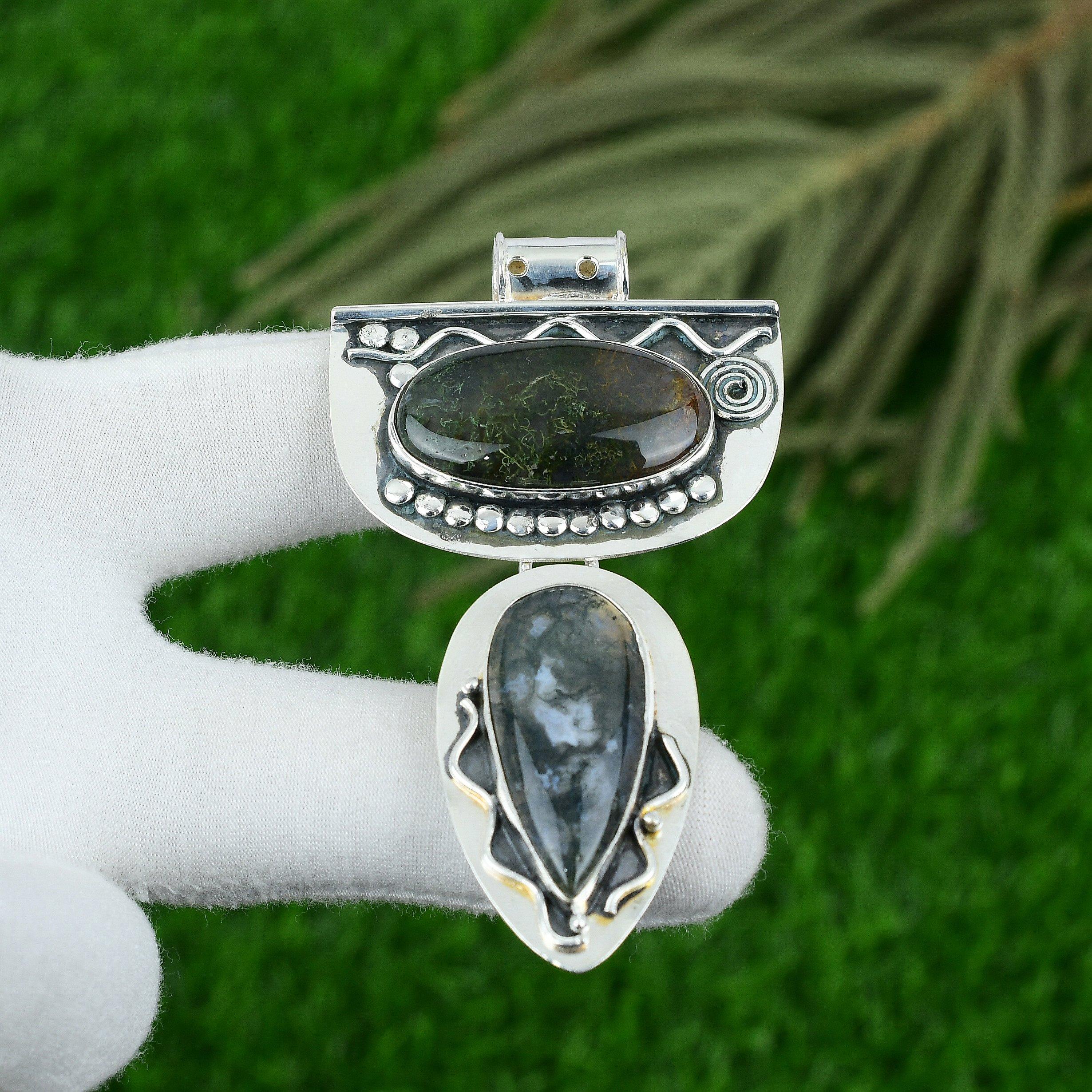 

925 Silver Pear Solar Moss Agate Stone Bezel Birthday Trendy New Pendant Jewelry