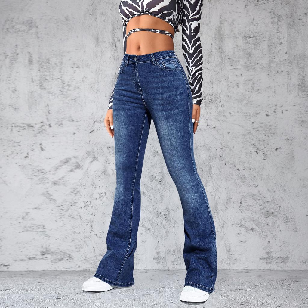 YYFS Women's Fashion Denim Casual Solid Color Print High Waist Slim Trousers Pants & Capris