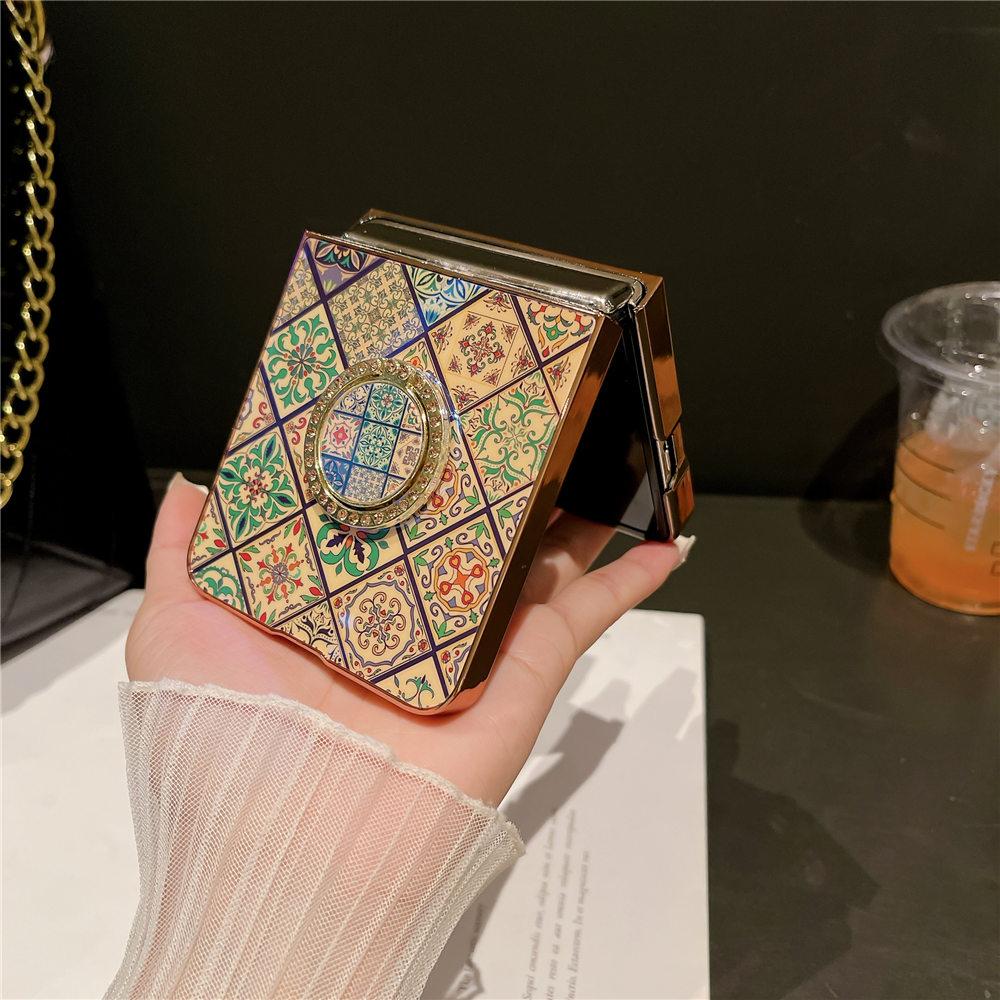 N3 Flip Blue-Ray Ring Holder Retro Palace Gold Plating Flower Case For OPPO Find N3 FlipFind N2 Flip Shockproof Back Cover