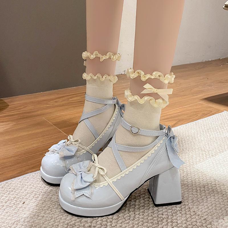 Chunky Heel Platform Women's High Heels 2025 Korean Sweet Mary Jane Pumps Small Leather Shoes Bow Princess Style Lolita Heels