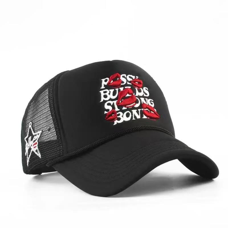 Red lip, wide brim, multi-color letter baseball cap, sunshade, breathable, casual baseball net cap for truck drivers