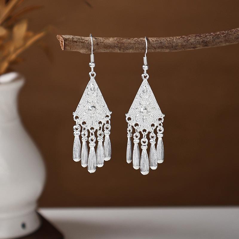 Imitation Miao Silver Earrings Retro Long Fringed Earrings Attractions Antique Earrings Miao Ear Jewelry Women