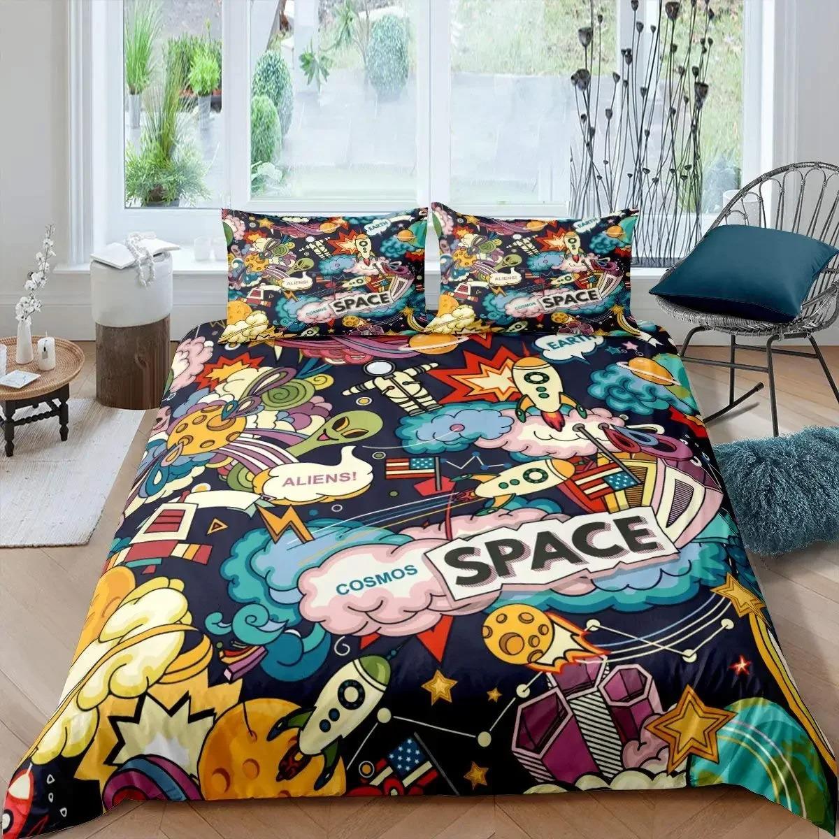 Комплект постельного белья «Ракета» King Size, комплект постельного белья «Космический корабль», микрофибра, космический корабль, звезды, планета, мультяшный стиль, пододеяльник 70x133cm 2pcs