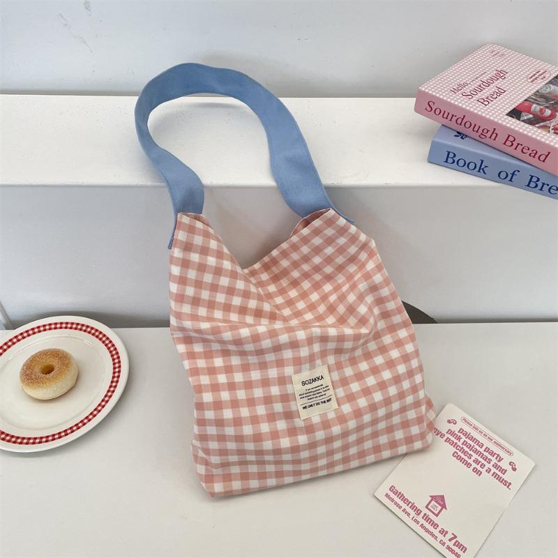 Canvas bag women's new contrasting color plaid shoulder bag college student literary commuter tote bag