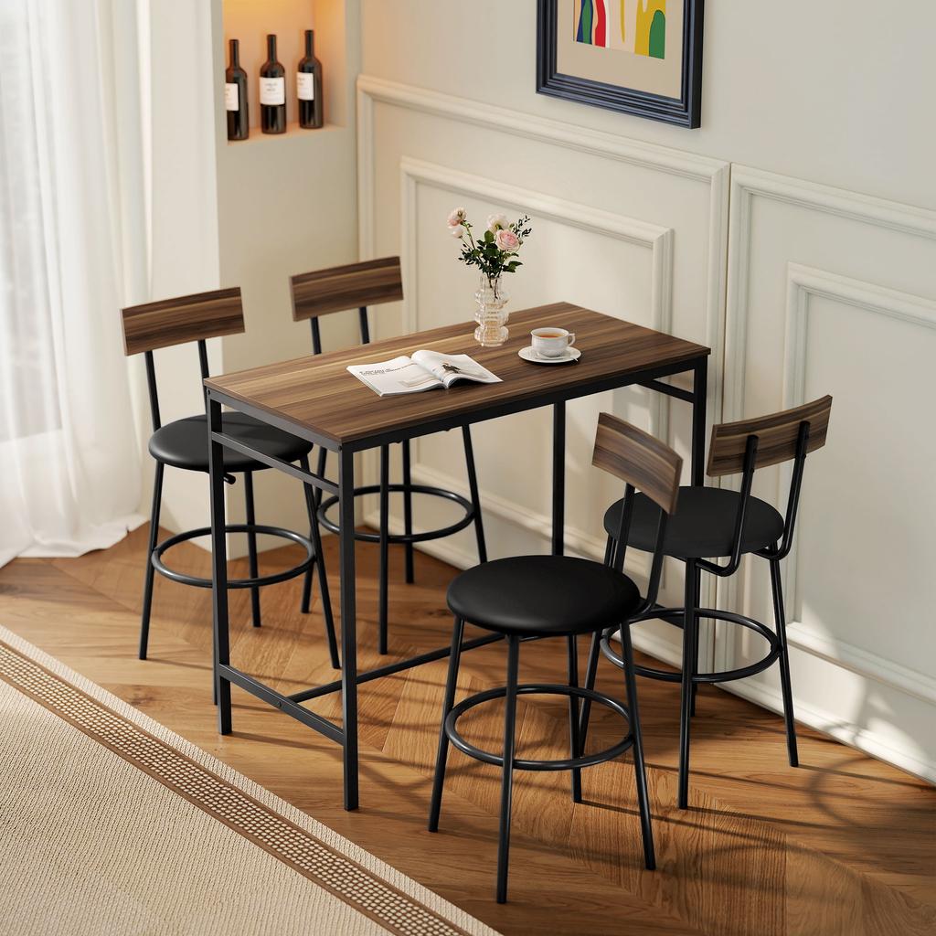 Set Tavolo Alto da Bar a 5 Pezzi con 4 Sedie, Design Industriale, per Cucina, Sala da Pranzo, Legno, Acciaio, Marrone