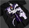 2026 Bleach Aizen Sousuke Orange Haare Augenklappe Lila Flammenprint T-Shirt Schwarz Übergroß Baumwolle Lässiges T-Shirt Für Anime-Fans