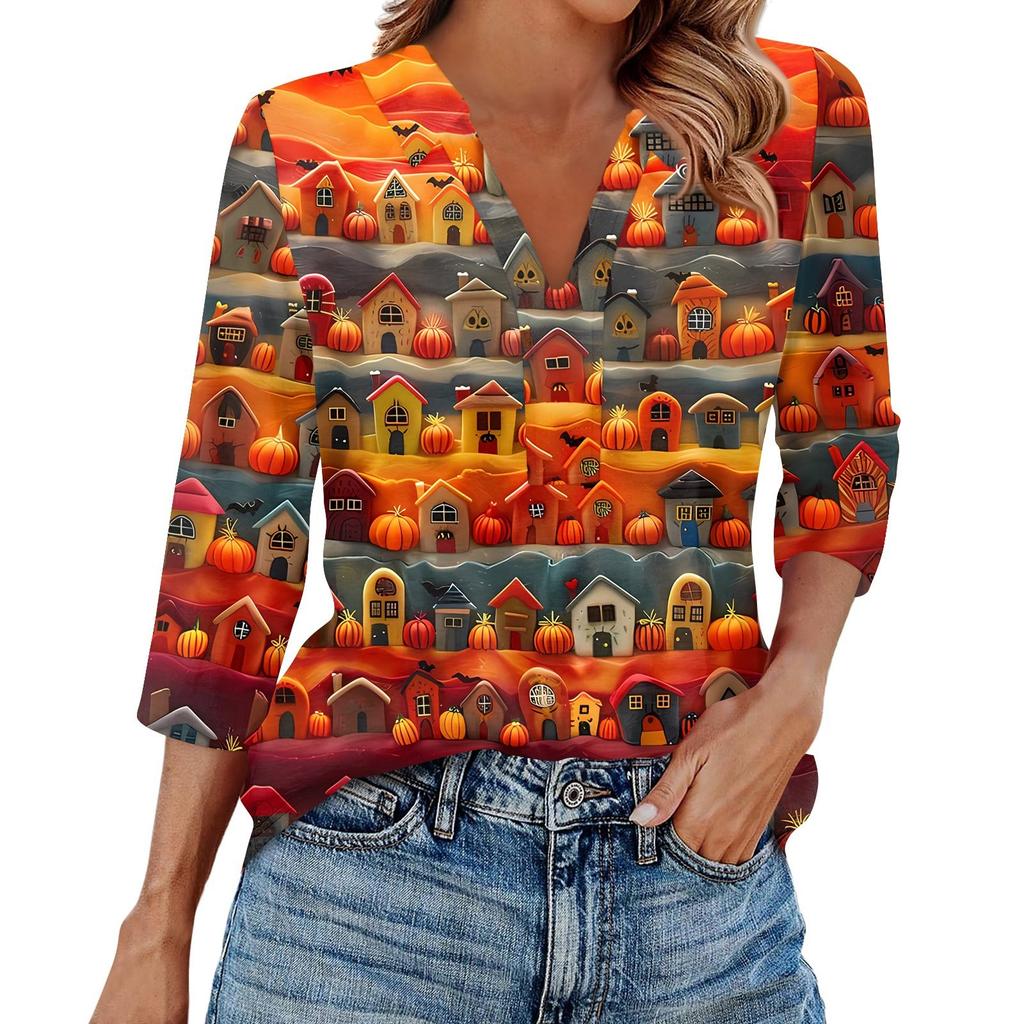Women's Fashion Casual Lapel 3/4 Sleeve Halloween Print Shirt Women's V-Neck Tops