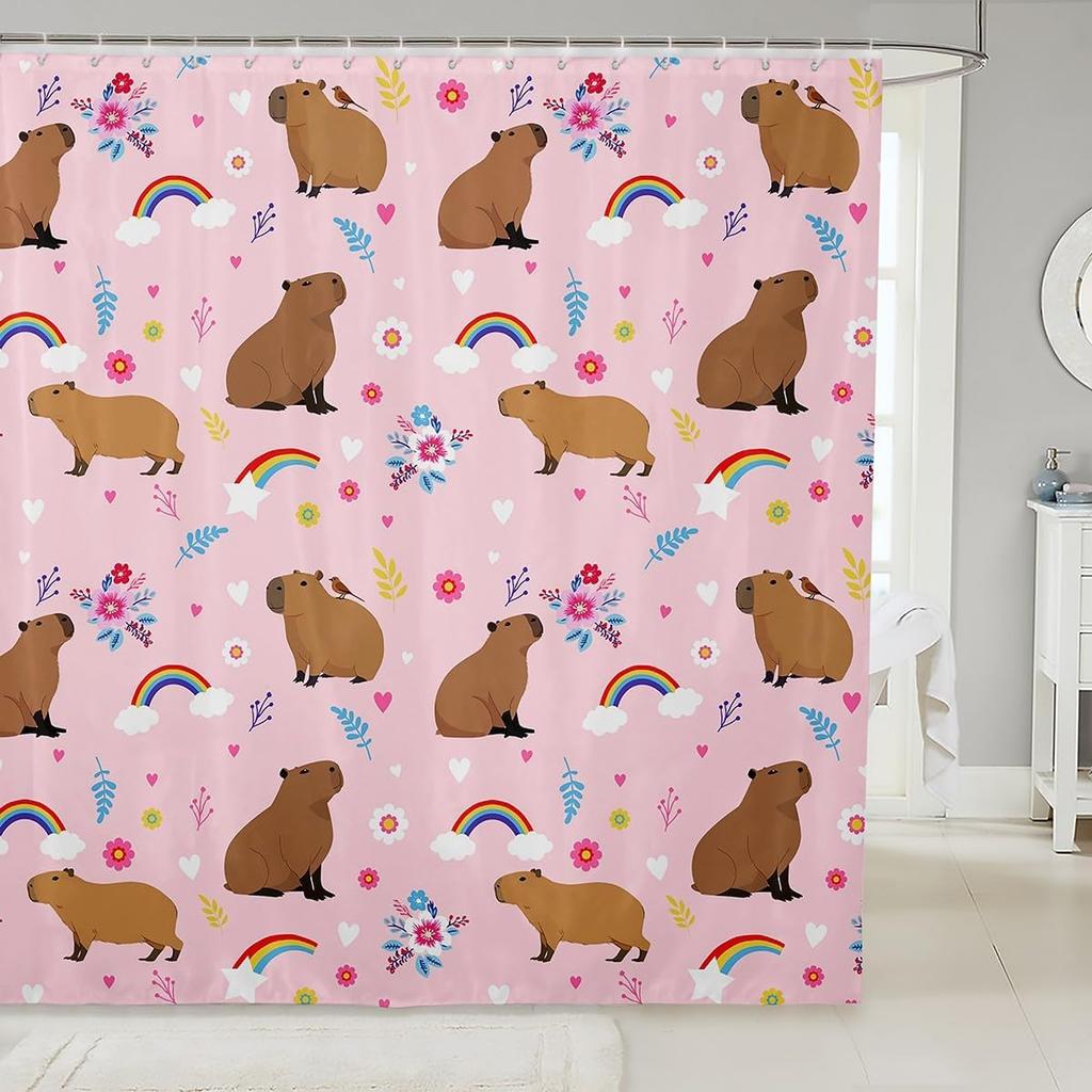 Cute Floral Cat Shower Curtain Cartoon Pet Animal Fabric Shower Curtain Colorful Kitten Flowers Bathroom Curtains Romantic