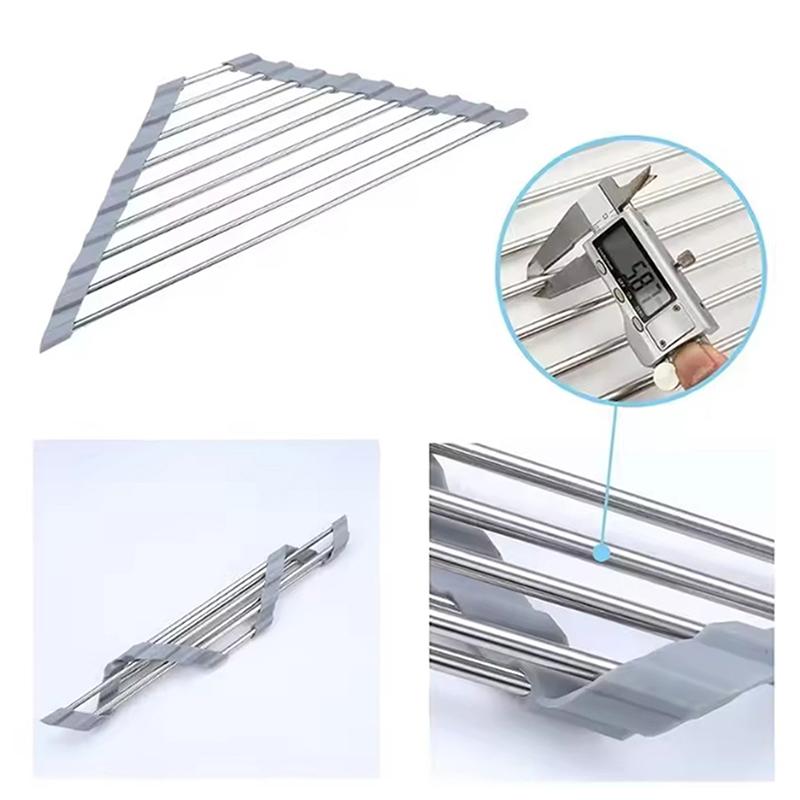 Roll Up Triangle Dish Drying Rack Kitchen Sink Organizer Corner Over The Sink Sponge Rag Holder Foldable Stainless Steel Drainer
