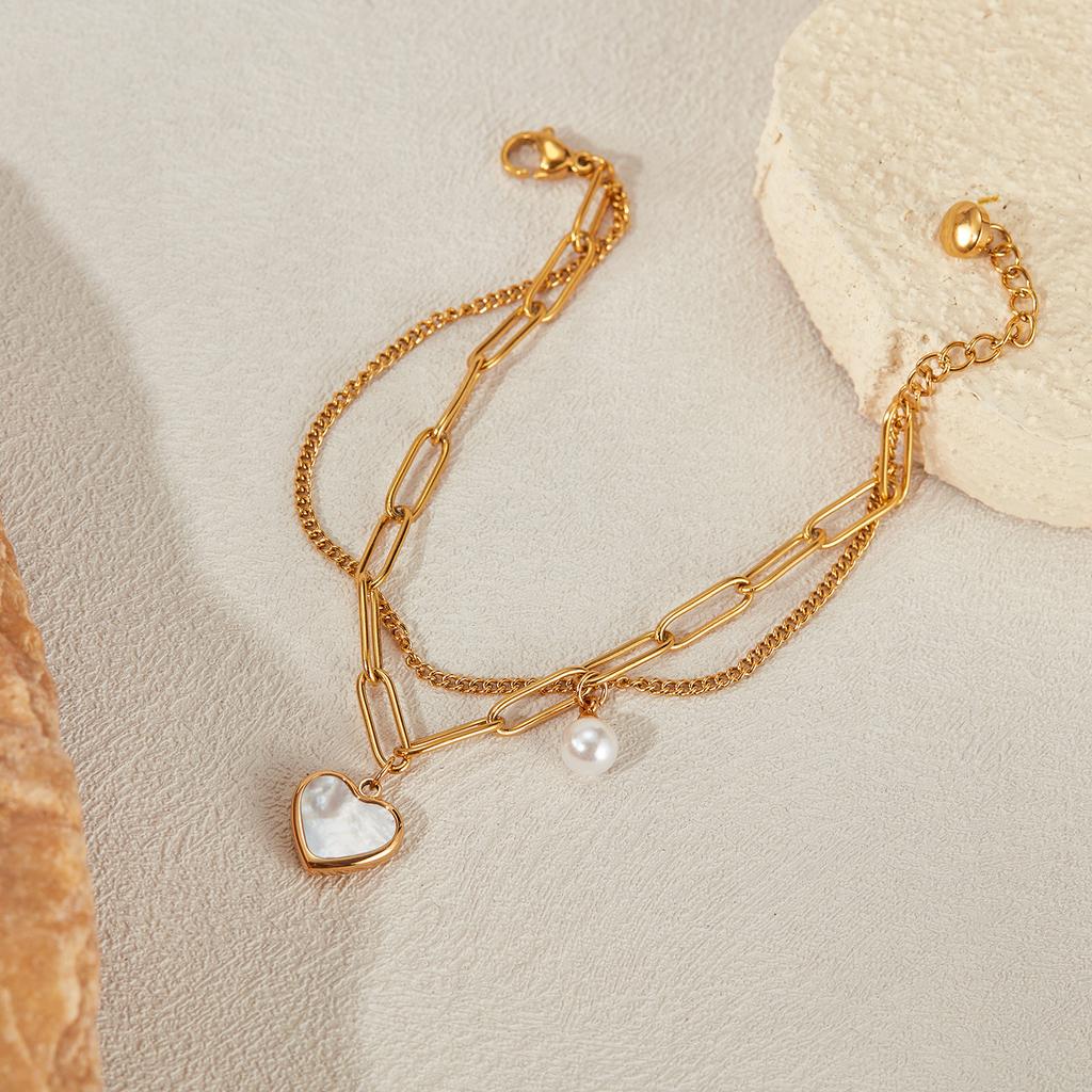 Fashion niche design personalized double-layer bracelet temperament versatile heart simulation pearl stainless steel bracelet