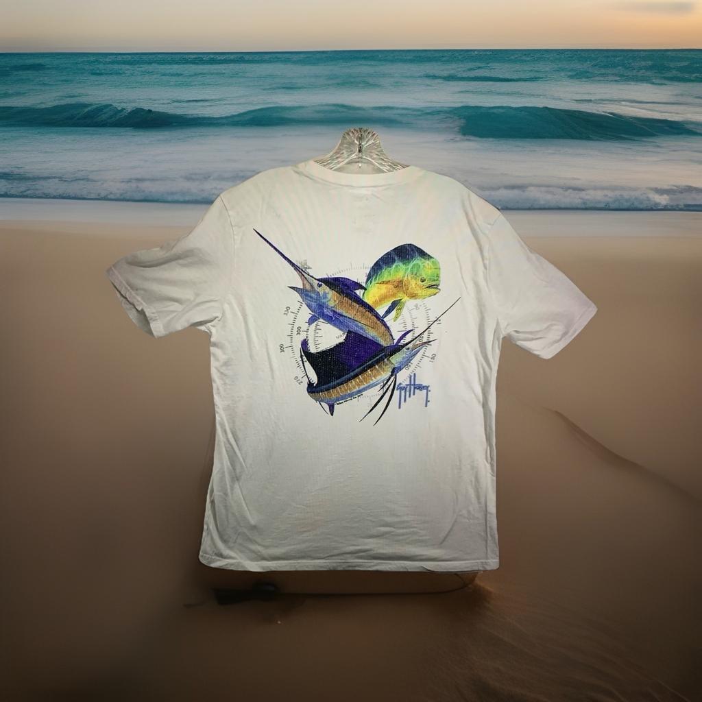T-shirt Guy Harvey Pesci di Profondità Taglia L Uomo Grafica Colorata sul Retro Delfino Pesce Spada