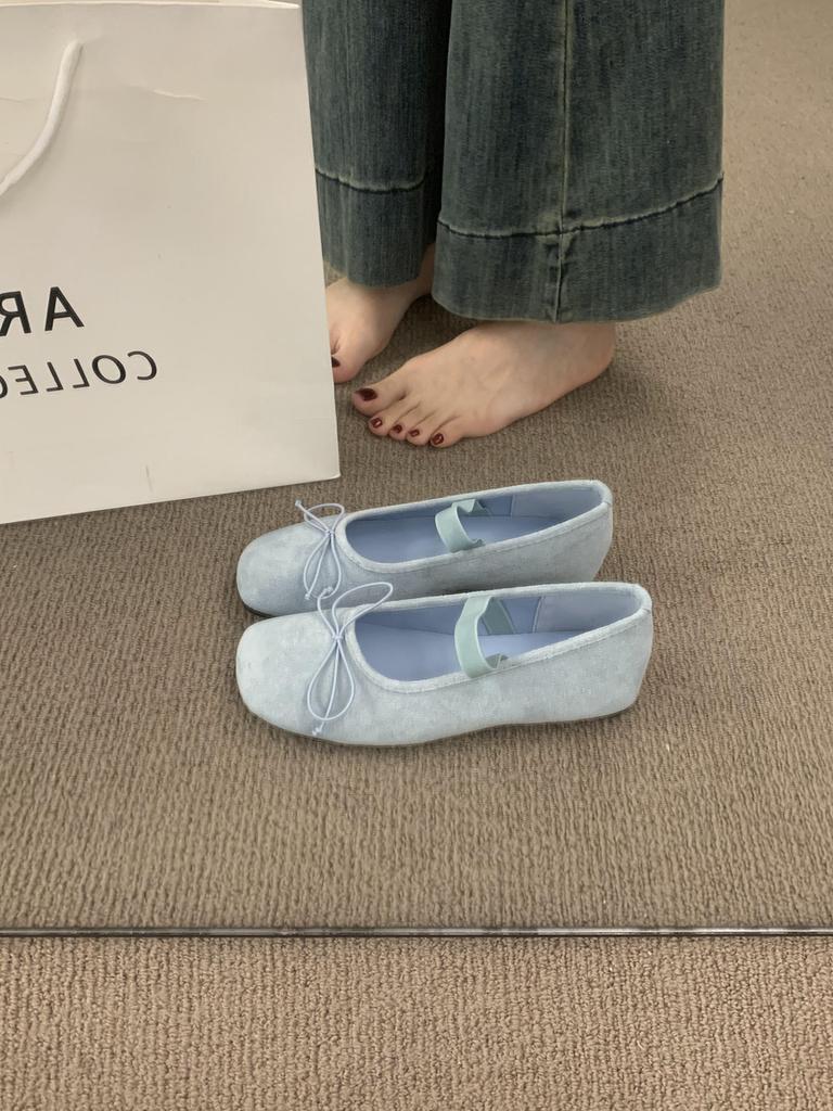 French Flat Bottom Square Head Bow Dopamine Flat Bottom Mary Jane Not Tired Feet Soft Bottom Suede Ballet Single Shoes Women