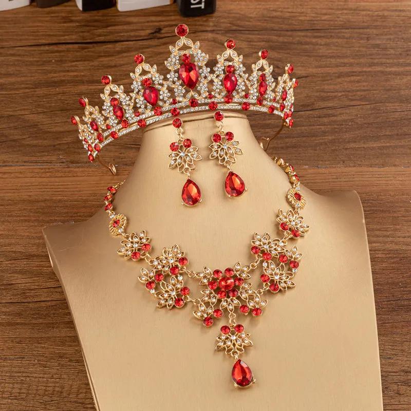 Fashion Crystal Tiaras Crowns Bride Wedding Jewelry Set Rhinestone Crown Necklace Earring For Women Accessories Diadem Headdress
