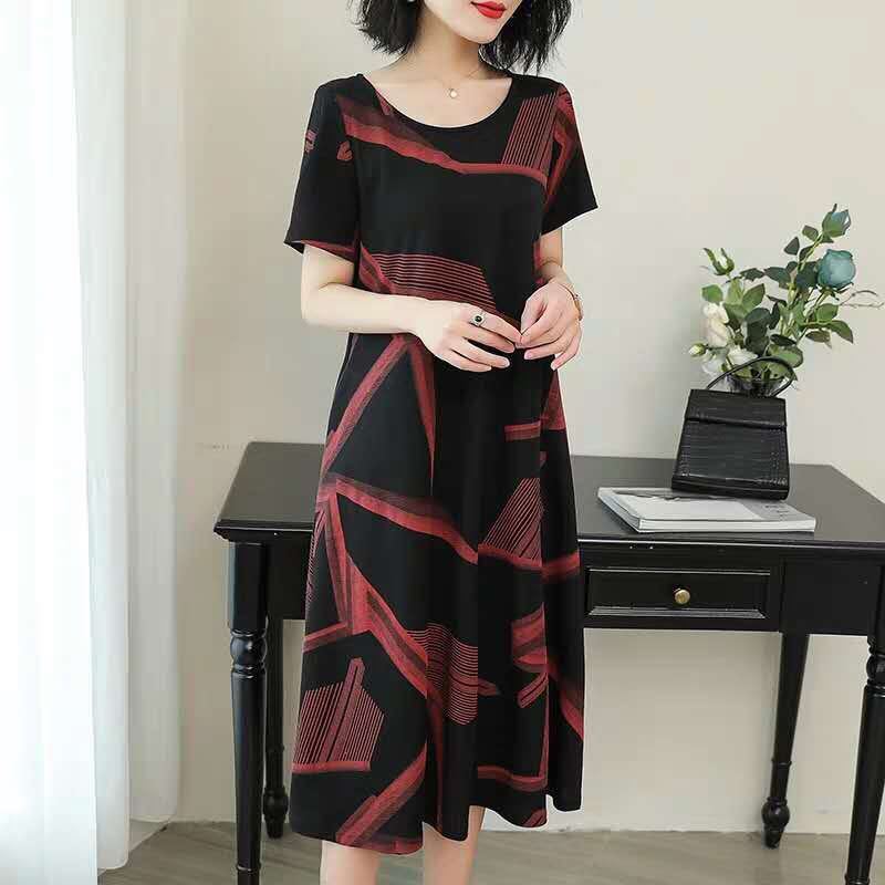 Large Size Catty Medium and Long Dress Women's Summer Mother Dress Fat Mm Loose and Thin Age-reducing Casual A-word Skirt