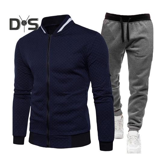 

2 шт./комплект мужской костюм с воротником-стойкой, длинным рукавом, застежкой-молнией, бейсбольное пальто, эластичный пояс, спортивные штаны, комплект, спортивный костюм стандартного кроя S темно-синий