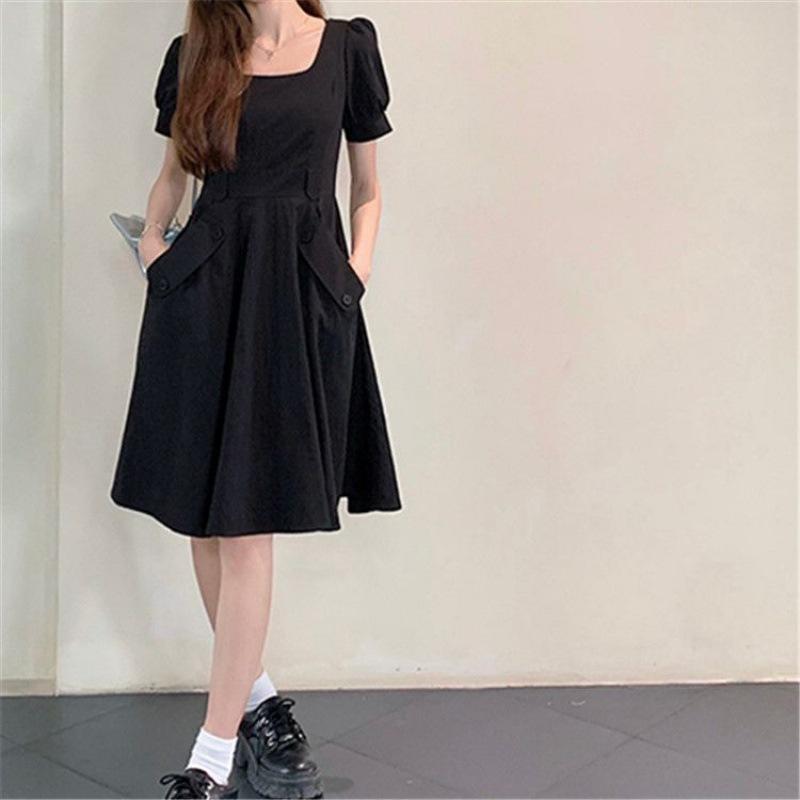 Skinny French small black skirt summer slightly fat women's clothing short-sleeved dress large size MM Tibetan meat temperament new