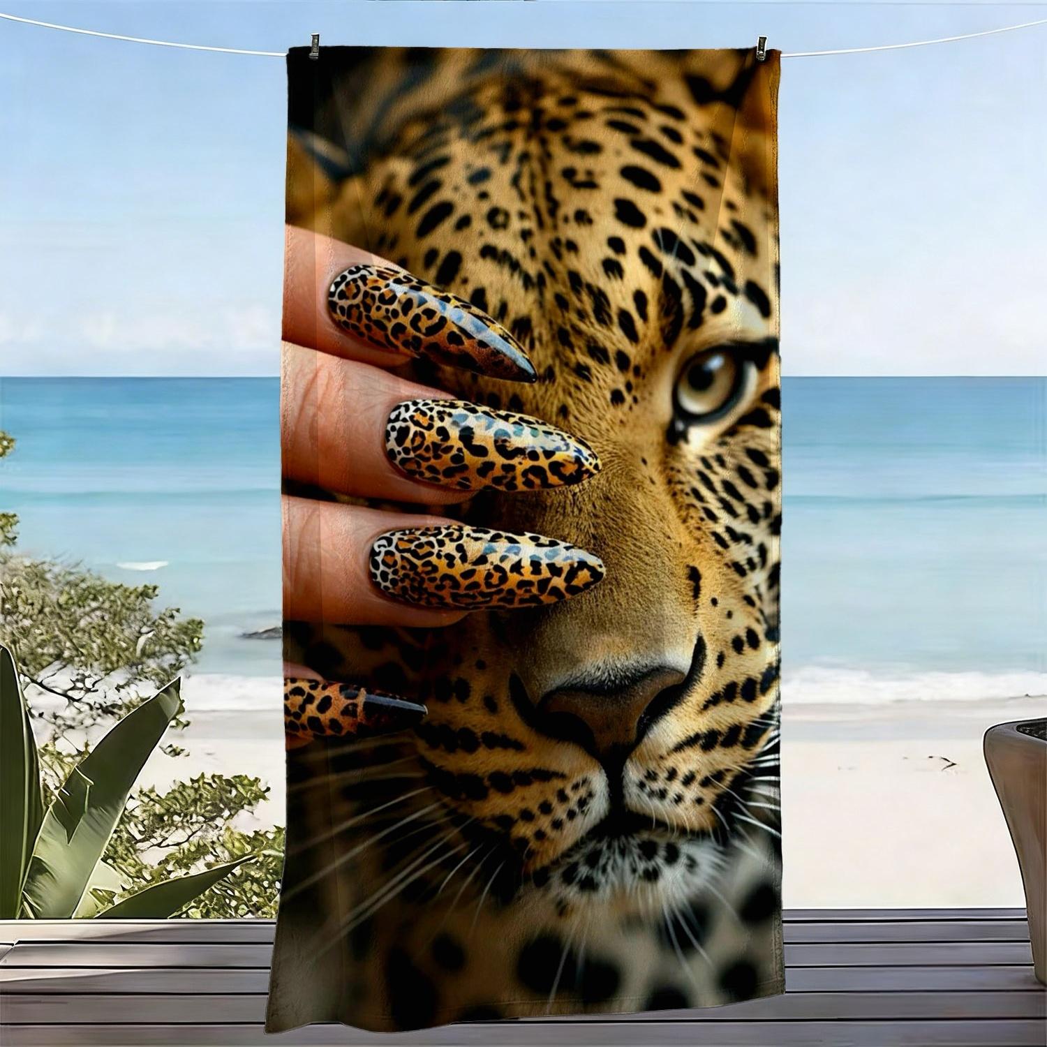 

Glam Leopard Beach Towel Bold Leopard Face with Matching Nail Art Pattern Bath Towel Perfect for Fashion Lovers Beach Vacations W40*H60(CM)