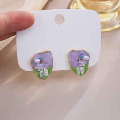 Silver Monet Garden Purple Flower Rice Bead Earrings - French Retro Luxury for Autumn/Winter