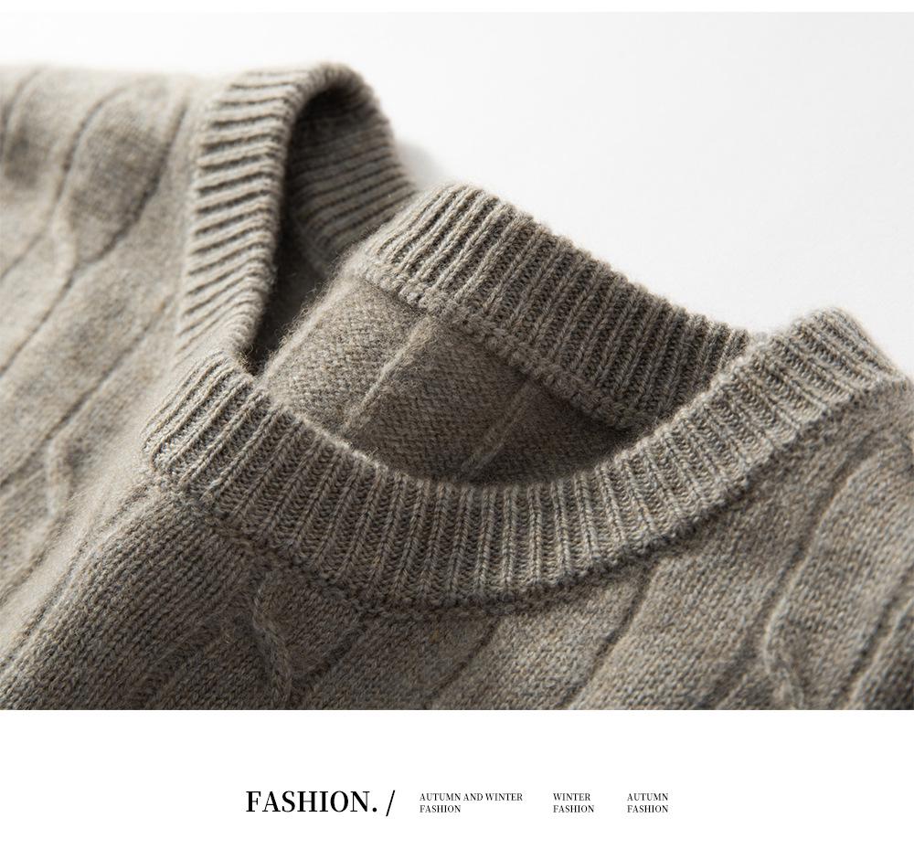 Men's Cashmere Crew Neck Sweater - Thick Cable Knit, Business Casual Loose Fit.