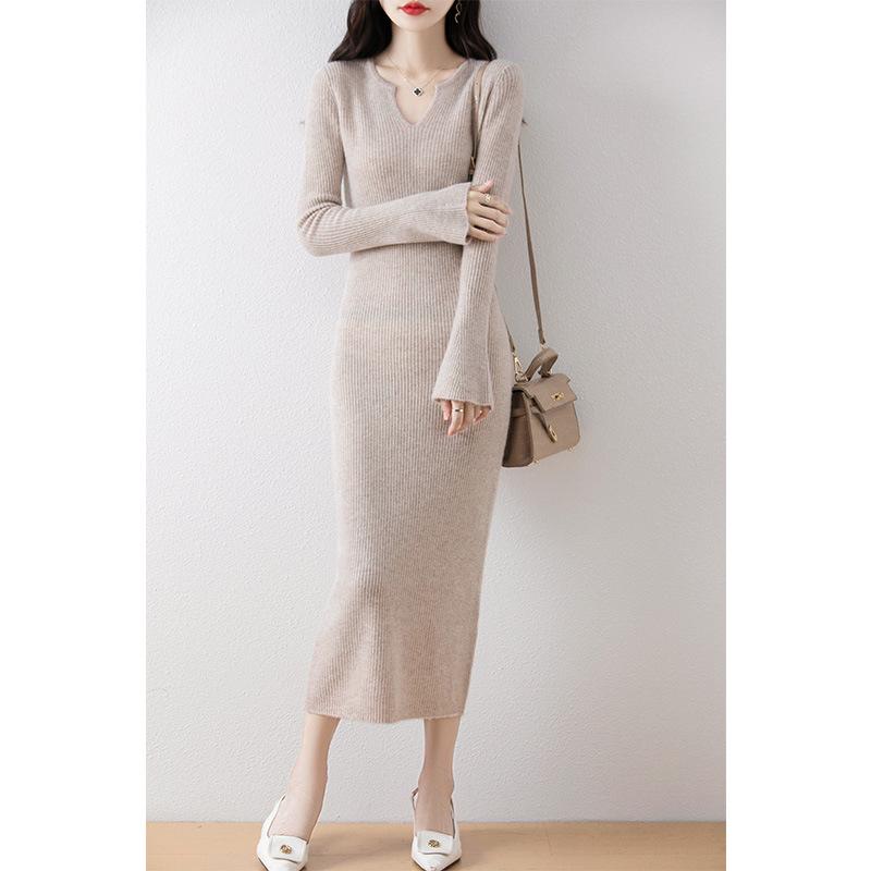 Autumn-Winter Pure Wool Trumpet Sleeve Mid-Length Sweater Dress