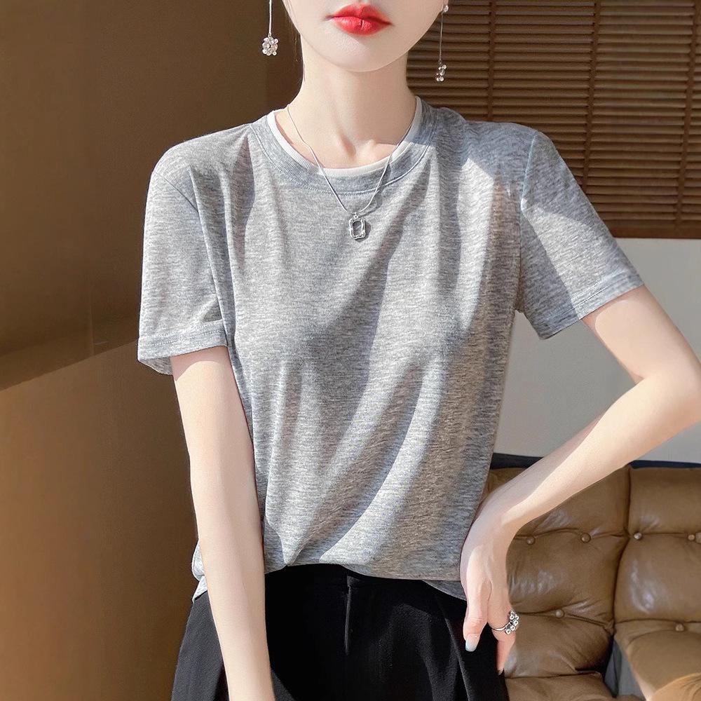 Summer Colorblock Round Neck Knitted Short Sleeve Women's Casual Top