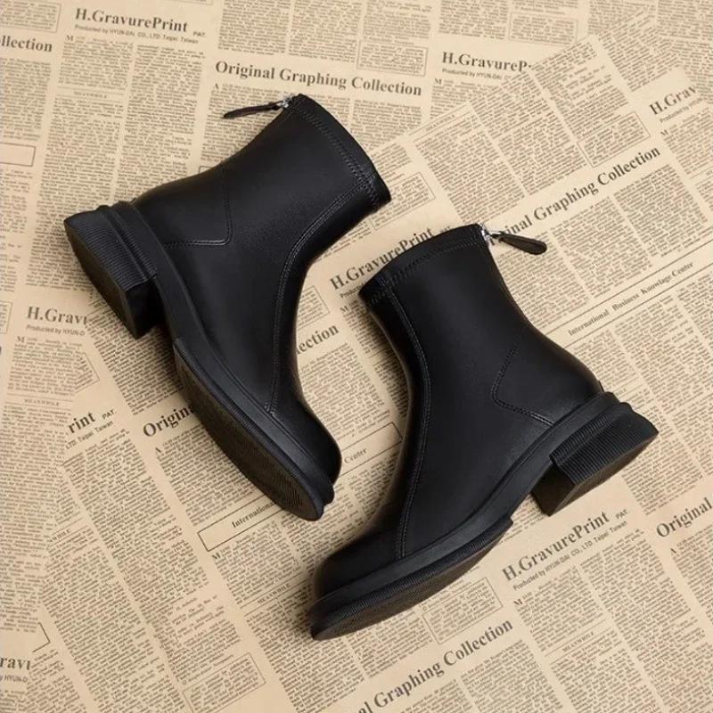 Autumn and Winter New Black Thick Soled Women's Ankle Boots Fashion Soft Leather Shoes Thick Heel Women's Short Boots