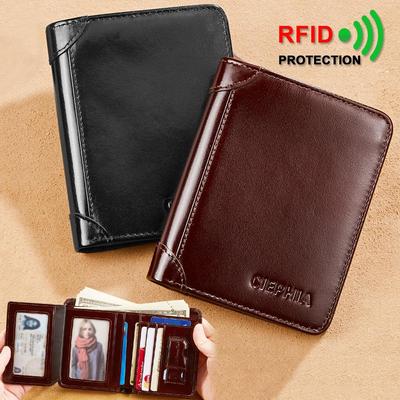 Estilo clássico carteira de couro genuíno rfid carteiras para homens fino curto multi função tri fold titular do cartão masculino bolsa dinheiro clipe