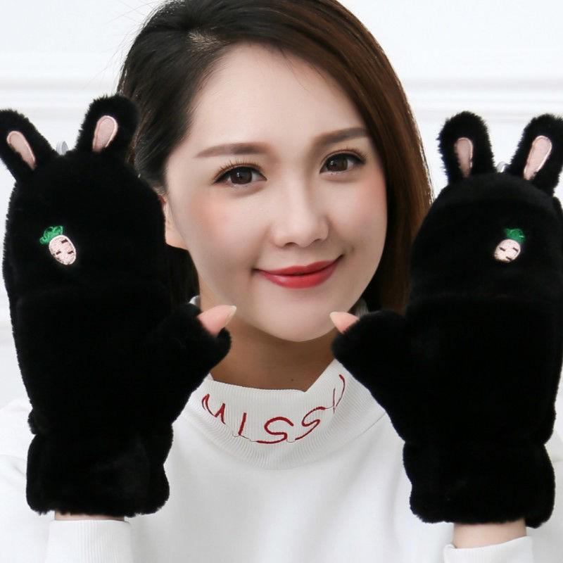 Mănuși cu urechi de iepure de pluș de toamnă și iarnă: Design drăguț cu jumătate de deget de desene animate, cald, compatibil cu ecran tactil pentru studenți și femei