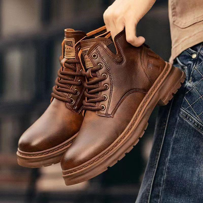 Bottes Martin en Cuir Doublées de Polaire Automne/Hiver 2025 - Chaussures Décontractées Hautes Résistantes à la Saleté pour Hommes