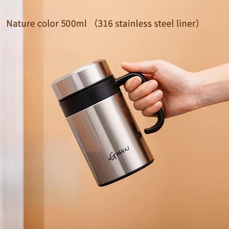Taza térmica de acero inoxidable para hombre, taza térmica aislante y fría para oficina, taza de té con filtro portátil para negocios con asa