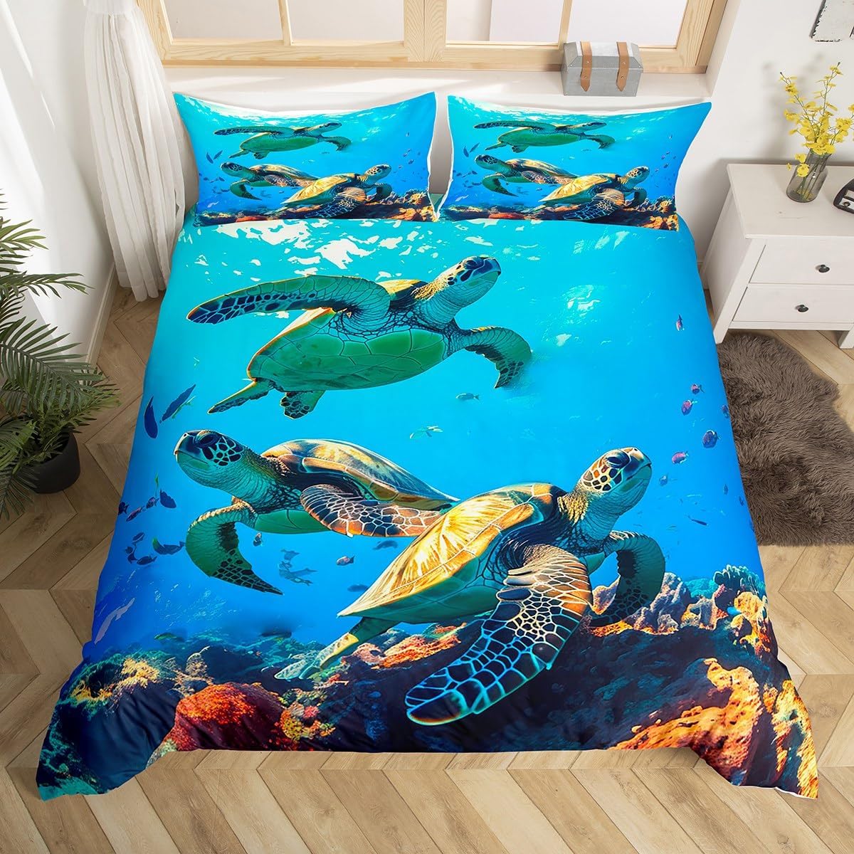 

Sea Turtle Soft Duvet Cover Ocean Animal Beding Set Microfiber Marine Life Comfortable Quilt Cover Twin Ful Quen King for Children Kids Adult People 100*200cm Single
