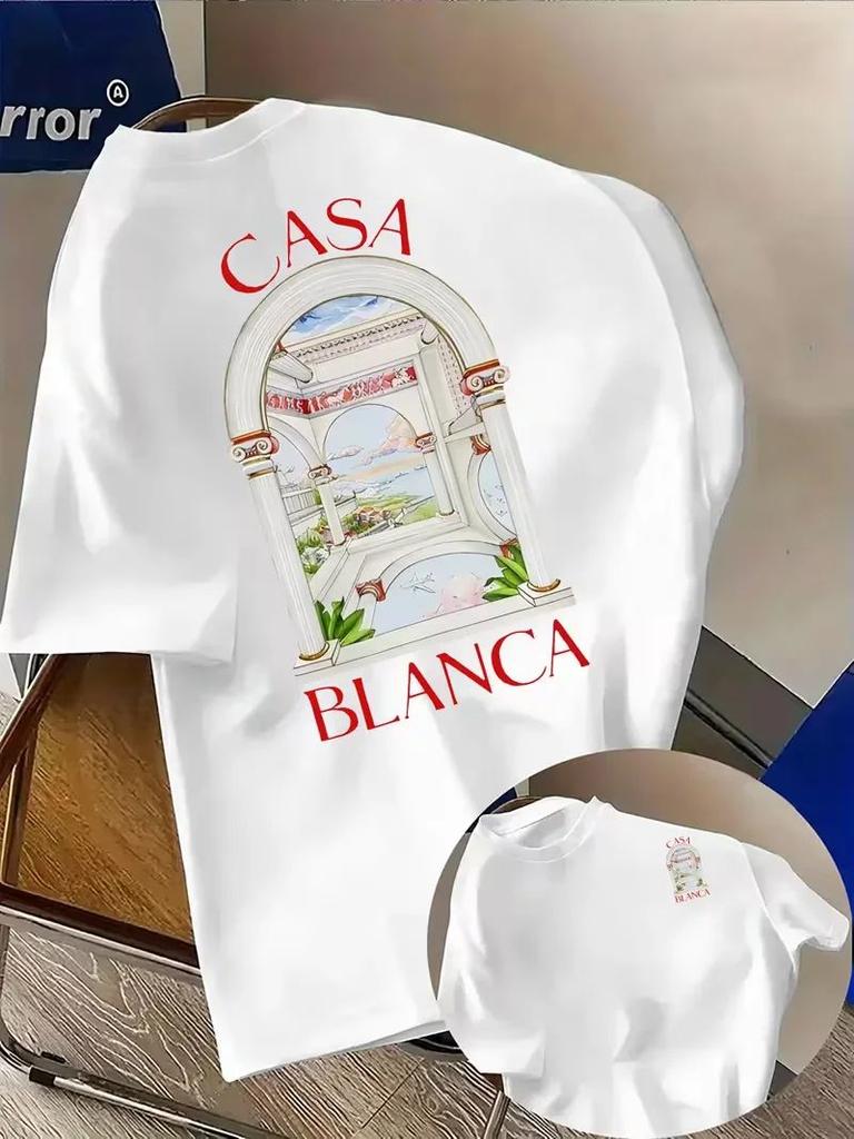 Casablanca Estetik Mimari Grafik Tişört, Günlük Yuvarlak Yaka Kısa Kollu Tişört, Yazlık Nötr Sokak Giyimi Üst Unisex
