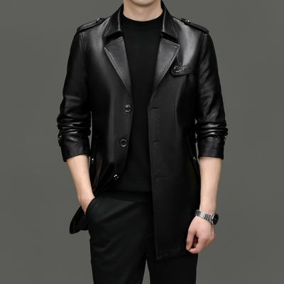 Frühling, Herbst und Winter Leder Herren Windbreaker Mittellange Business Casual Lederjacke Ledermantel Jacke Herrenbekleidung