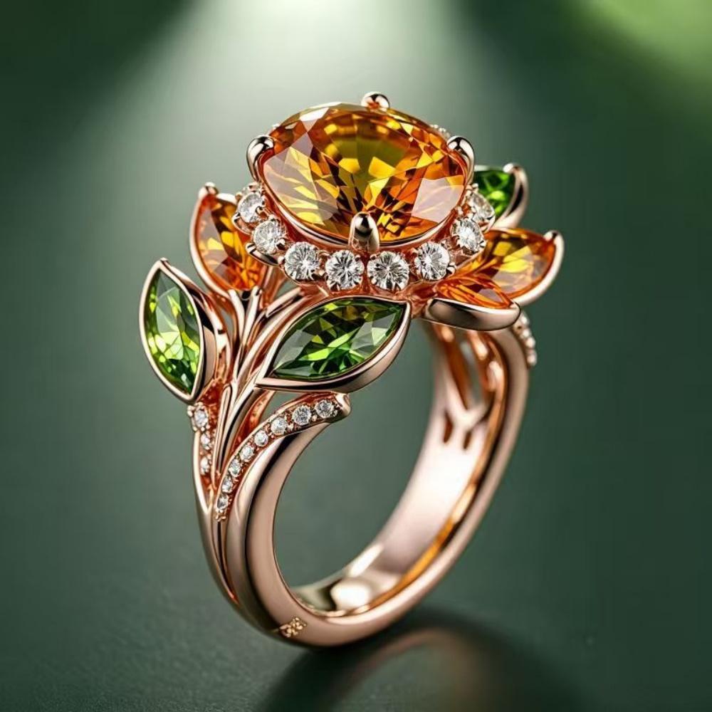 Plant Female Yellow Green White Zircon Stone Engagement Flower Ring Vintage Rose Gold Color Wedding Fashion Jewelry For Women