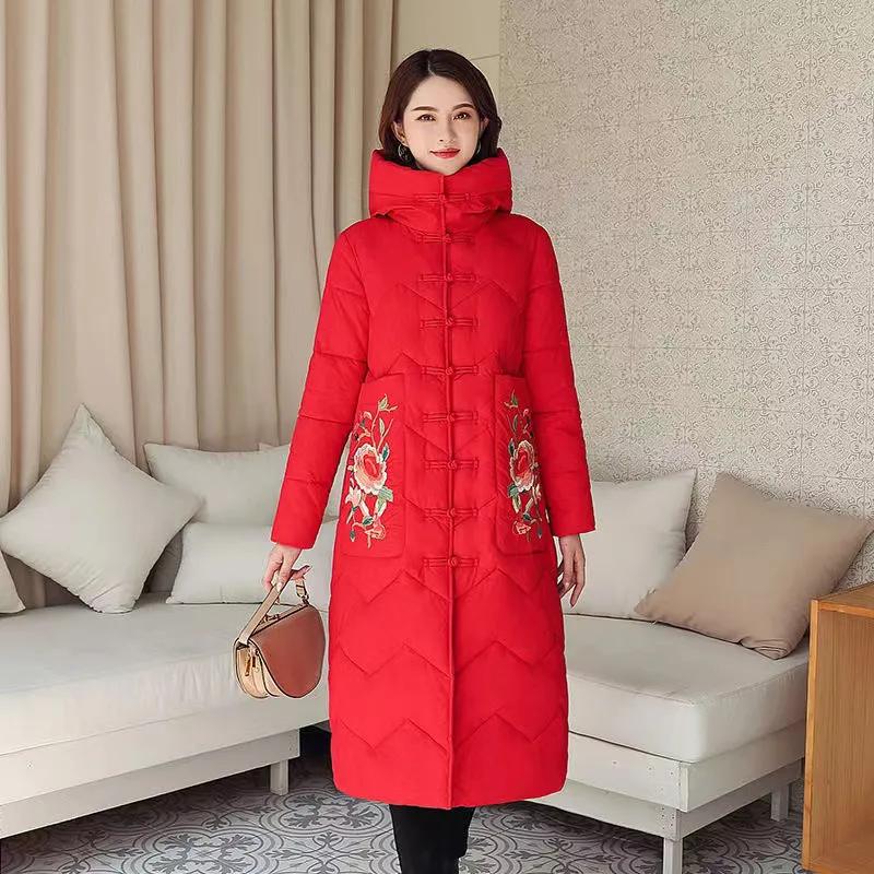 Ethnic Style Down Padded Jacket Women's Mid-length Embroidered Over-the-knee Padded Jacket Chinese Style Padded Jacket Thickened Winter Clothes