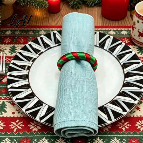 Holiday Table Decor Christmas Red Green Striped Napkin Rings Handwoven Fabric Holder Festive Dining Accessories for Setting Party Dinners And Hotel