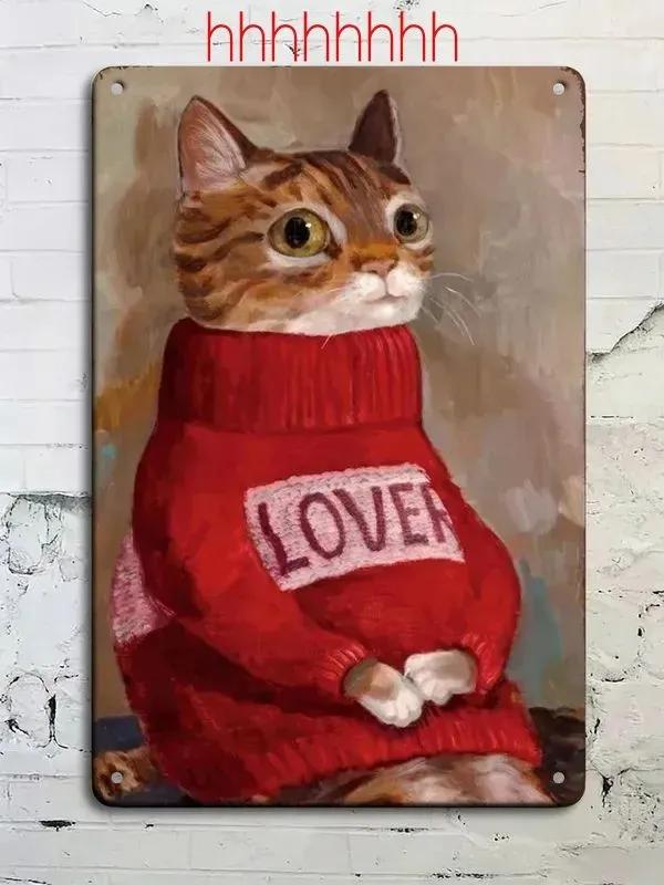 Vintage Tabby Cat Wall Art Aluminum Metal Painting Lollipop Knife Decor 20x30cm