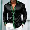 Light luxury satin smooth men's long sleeved formal shirt with a lapel, Baroque gold patterned placket, and cuffs trimmed with