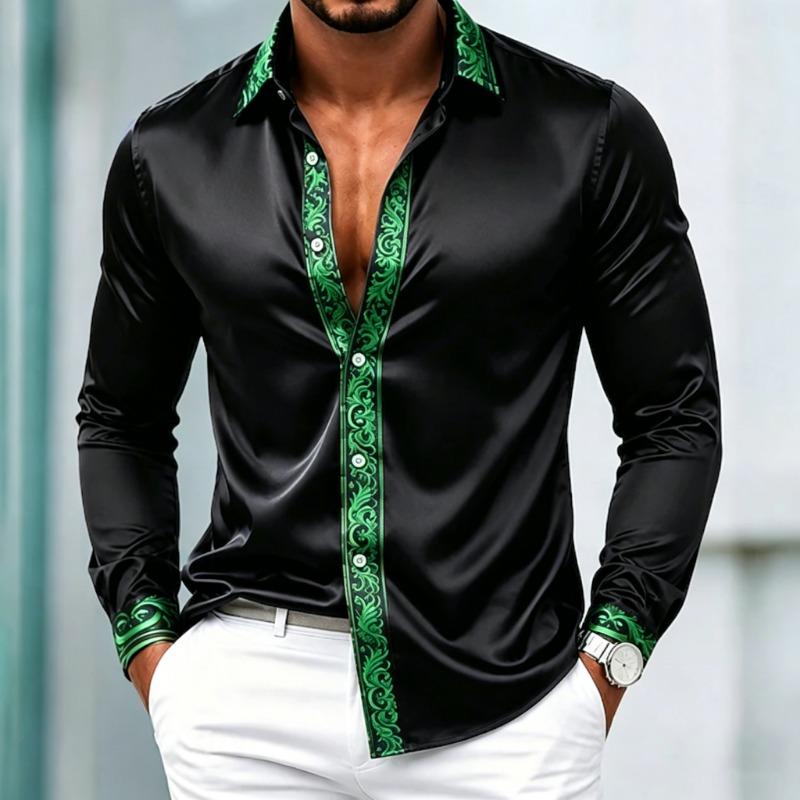 Light luxury satin smooth men's long sleeved formal shirt with a lapel, Baroque gold patterned placket, and cuffs trimmed with