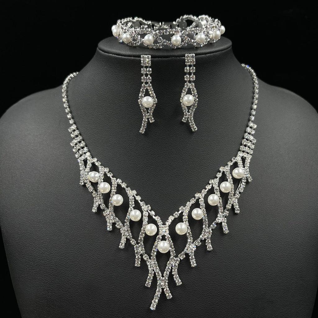 Jewelry Set Women, Rhinestones Bridal Neck Chain Crown Bracelet Bracelet Teardrop Pendant Earrings, Pearl Wedding Party