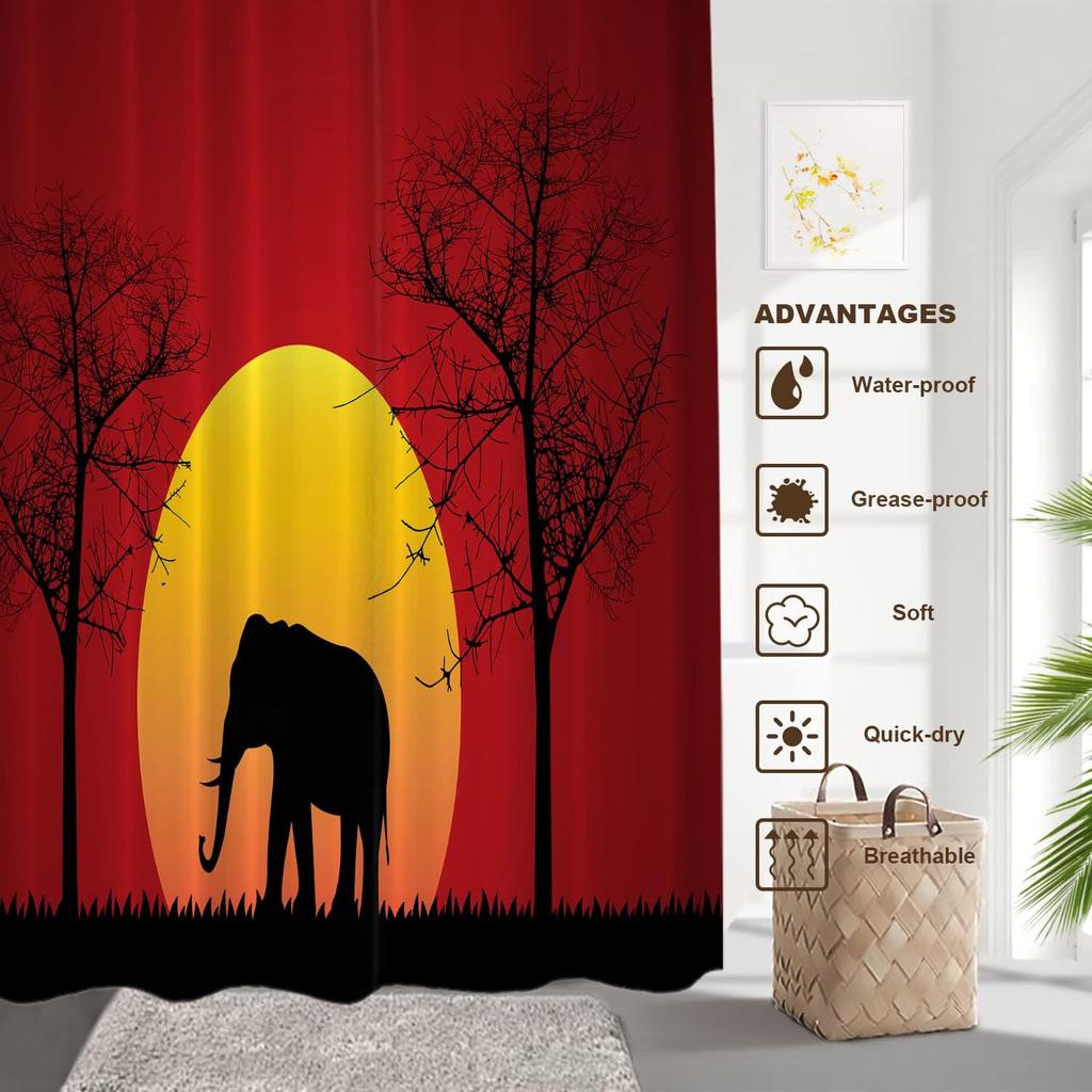 Elephant Silhouette Shower Curtain African Safari Sunset Design Red Yellow Background Wildlife Art Bath Decor Waterproof Fabric