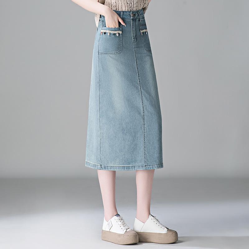 Damen Hellblauer High-Waist Jeans-A-Linien-Rock mit Schlitz - Frühjahr 2026 Mode