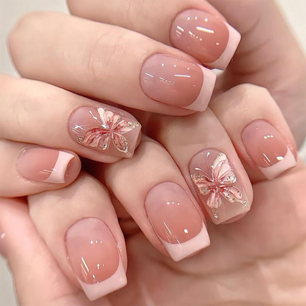 24 Pcs French Tip Press On Nail Short Square False Nail 3D Flowers Acrylic Nail Glossy Full Cover Stick On Nail