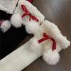 Women Winter Ribbed Knit Leg Warmer Stockings Y2K Harajuku Furry Trim Plush Ball Bow Christmas Leg Cover Long Boot Socks