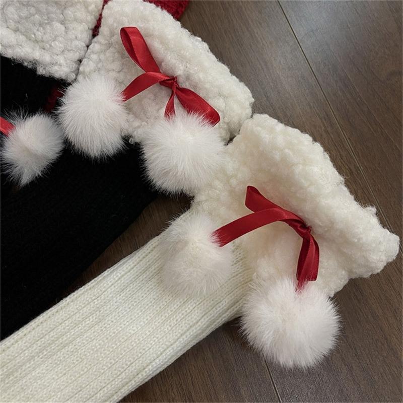 Women Winter Ribbed Knit Leg Warmer Stockings Y2K Harajuku Furry Trim Plush Ball Bow Christmas Leg Cover Long Boot Socks