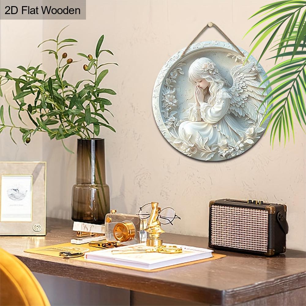 Pretty Angel Wooden Sign - Beautiful Angel Round Sign for Front Door Wall Hanging Decor Ideal Home Hanging Ornament