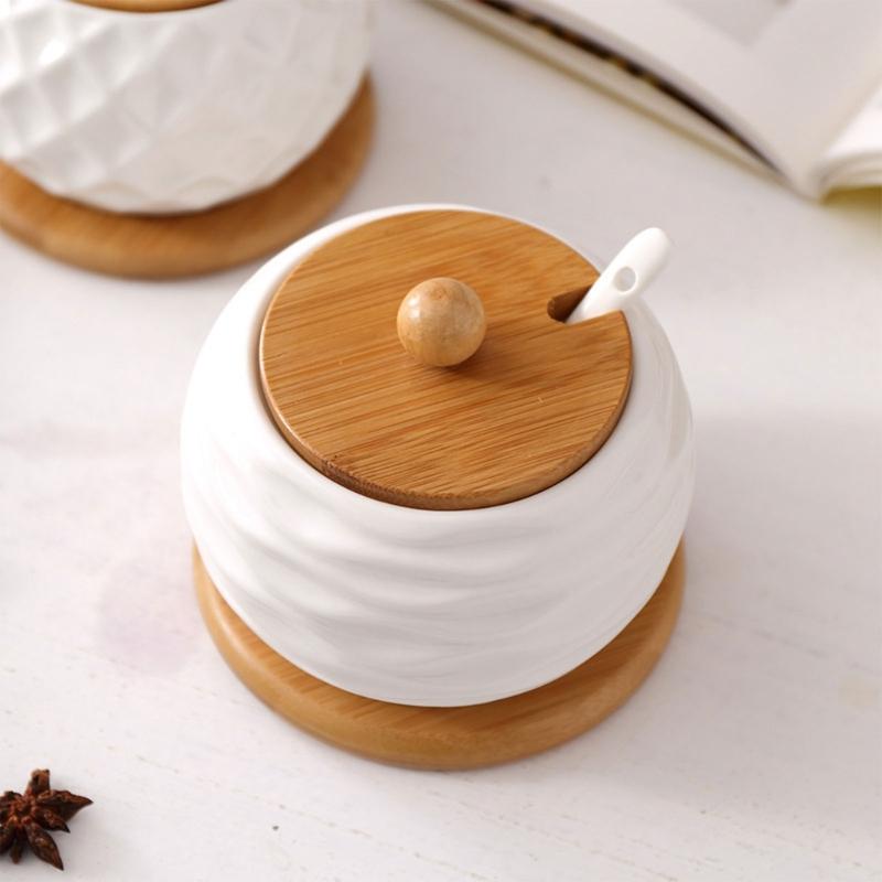 Sturdy Ceramic Condiment Canisters Stylish Ceramic Seasoning Jars with Bamboo Lids for Barbecue Parties and Camping