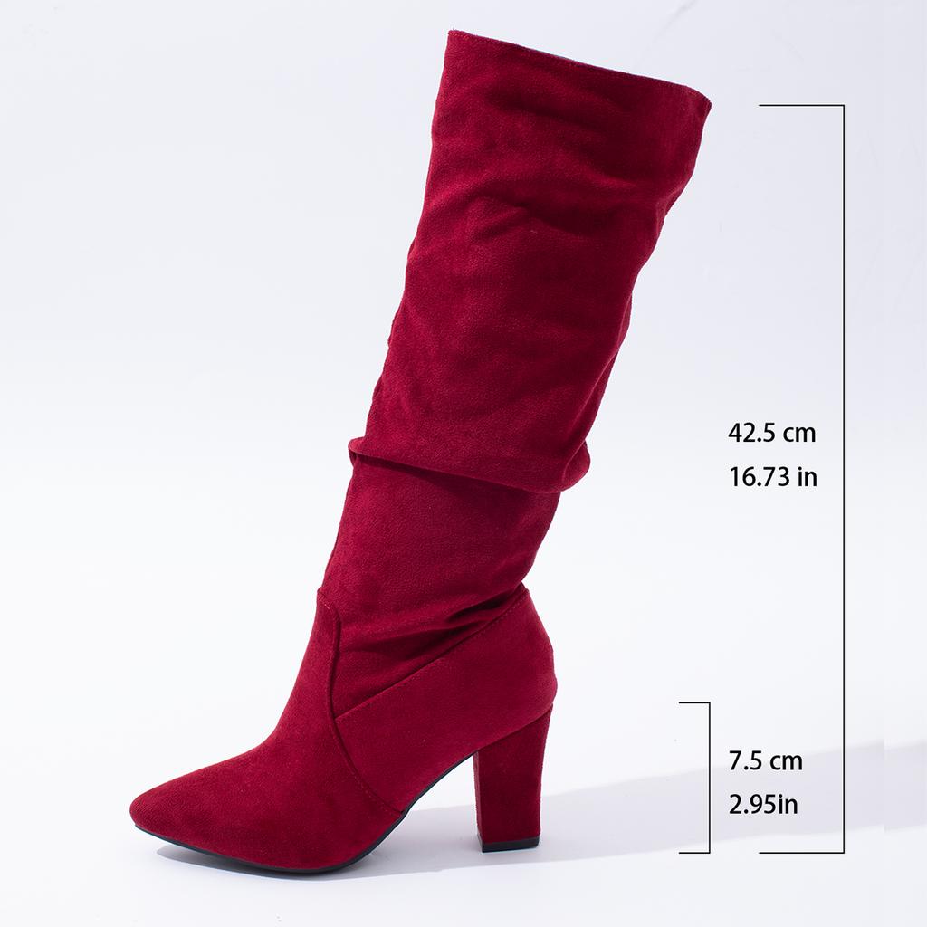 Fashion Elegant Cream White Faux Suede Knee Boot Woman Point Toe Block Heel Pull-on Long Booties Ladies Autumn Pleated Design High Botas