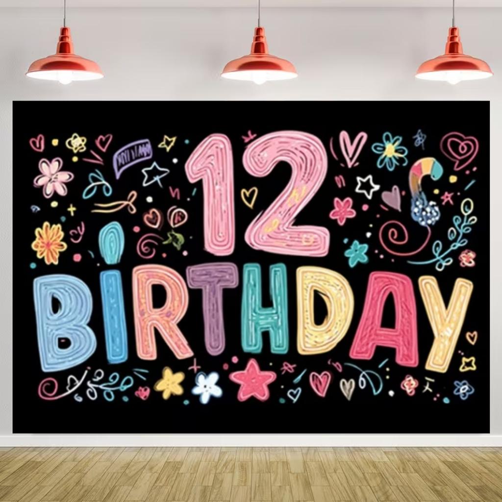 Happy 12th Birthday Banner Black Gold Balloon Background Party Decoration Boys Girls Birthday  Photography Backdrop Kids Gifts